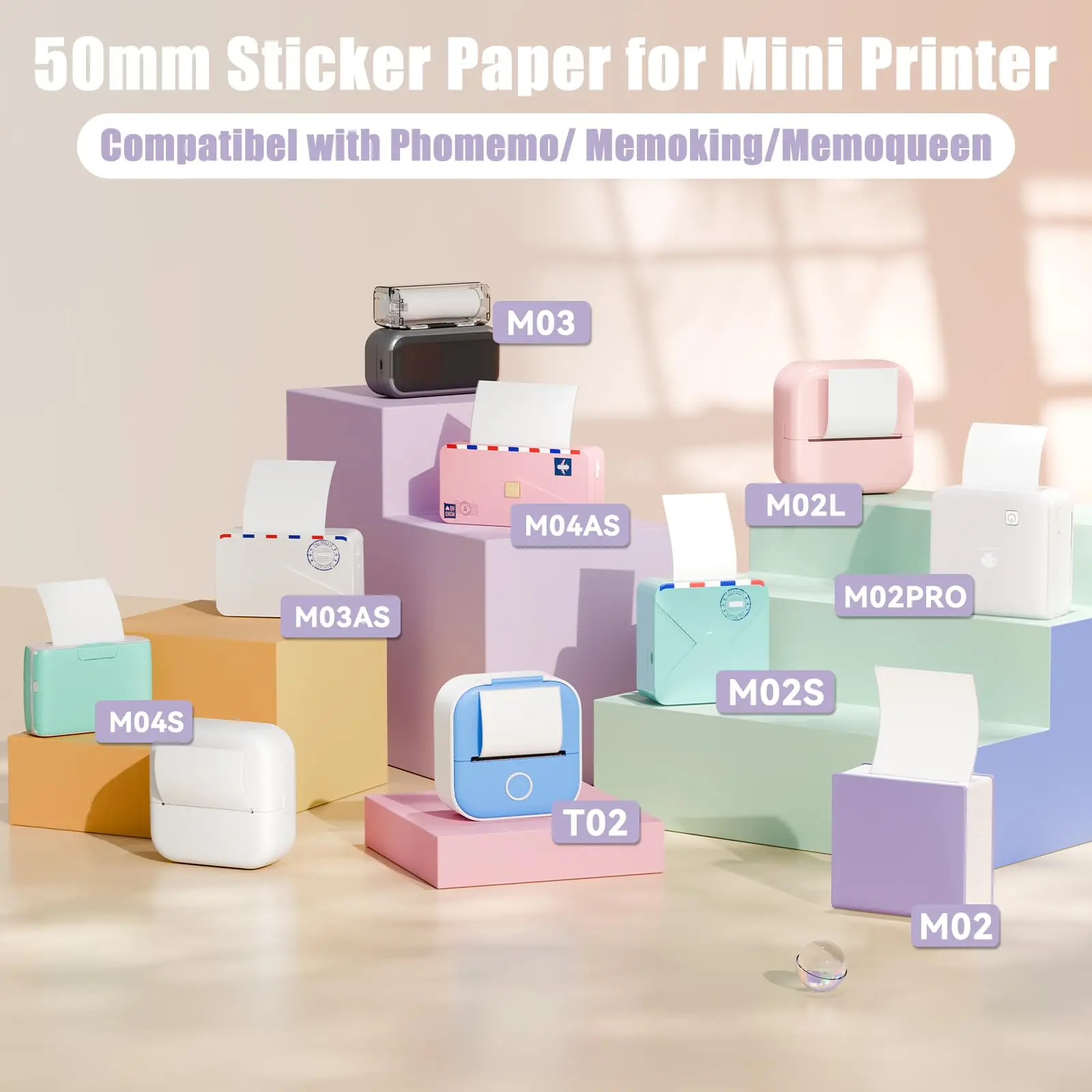 3 Rolls Thermal Printer Stickers Rolls for Phomemo T02 M02 M02Pro M02S M03 M03AS M04S 50mm x 3.5m Pink/Blue/Lavender Purple