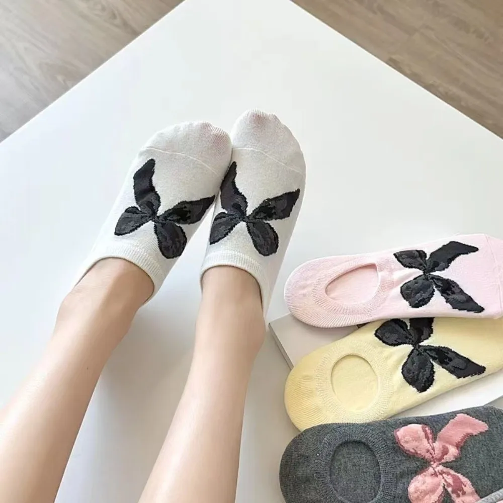 6 Pair New Sweet Bow Socks Comfortable Breathable Ankle Socks Solid Color Thin Cotton Socks Autumn