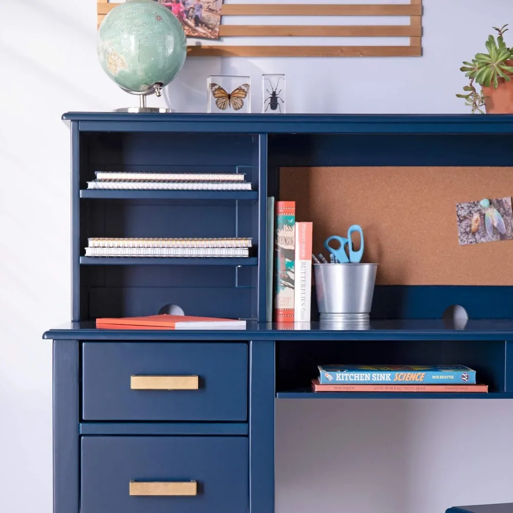 Conjunto de Estante e Cadeira, Mesa de Quarto Infantil, Gavetas para Arrumos e Prateleiras Ajustáveis, Azul Marinho