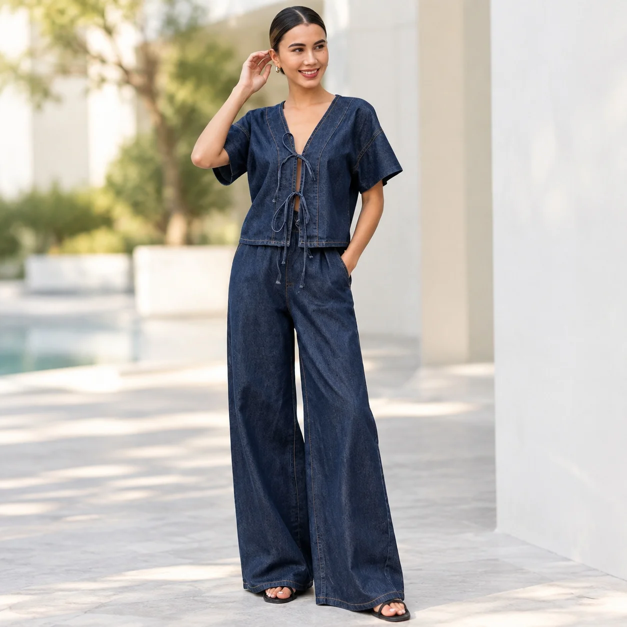 Relaxed Waist Tie Up Set Short Length Urban Style with Sleeveless Relaxed Fit Summer Short Sleeve V Neck Full Length Women Sets