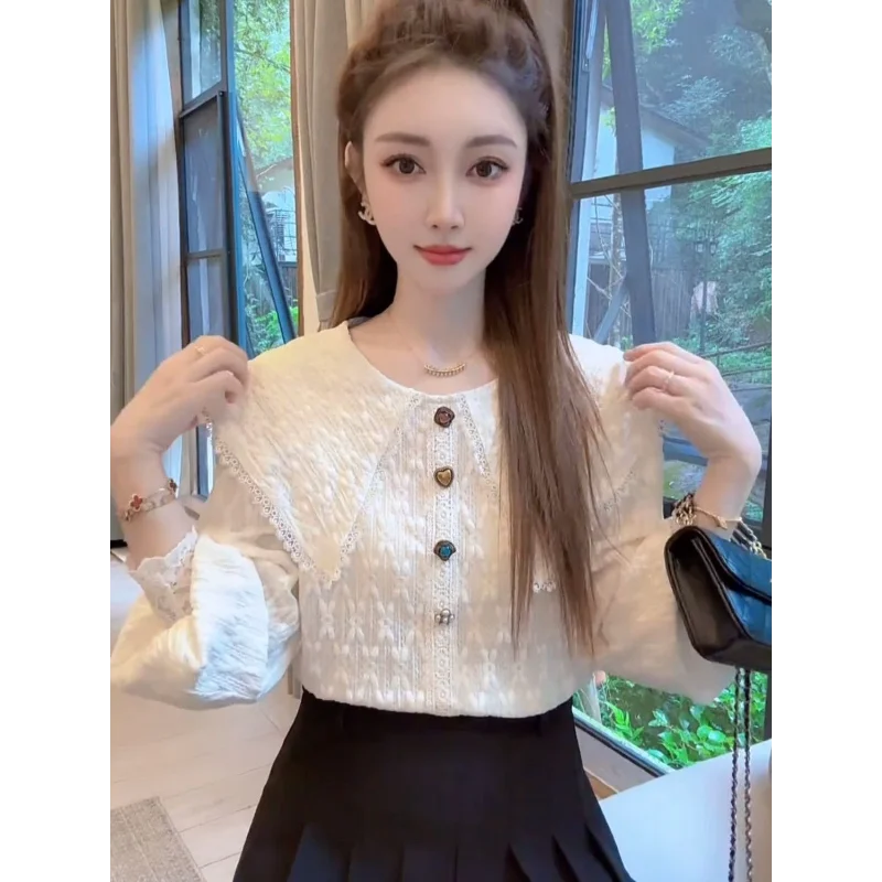 

French Gentle Style Doll Collar Lace Shirt for Women in Autumn Fashionable and High-end Long-sleeved Top