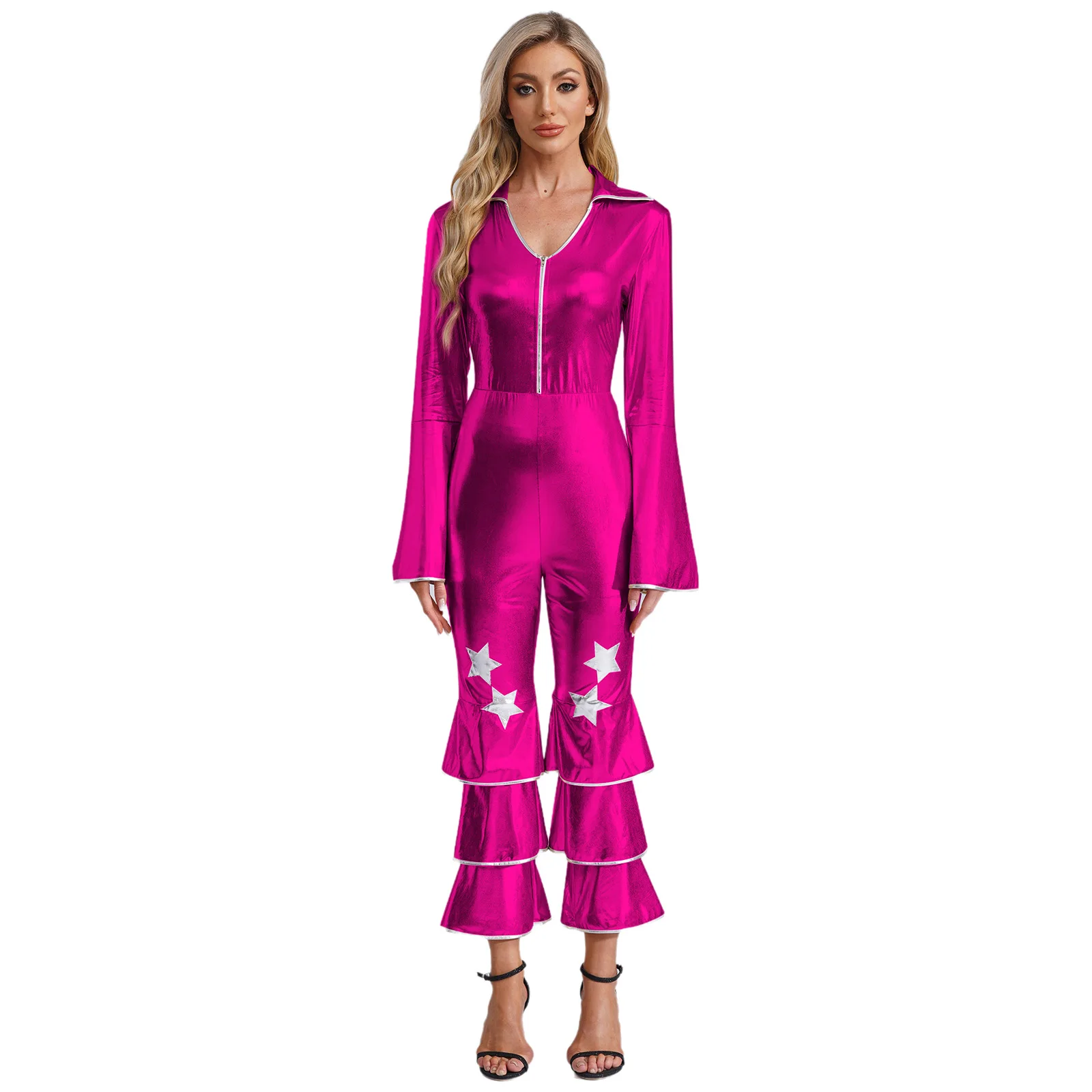 

Women Vintage 70S Disco Jumpsuit Flare Sleeve Metallic Shiny Bell-bottom Hippie Bodysuit Carnival Retro Party Jazz Dance Costume