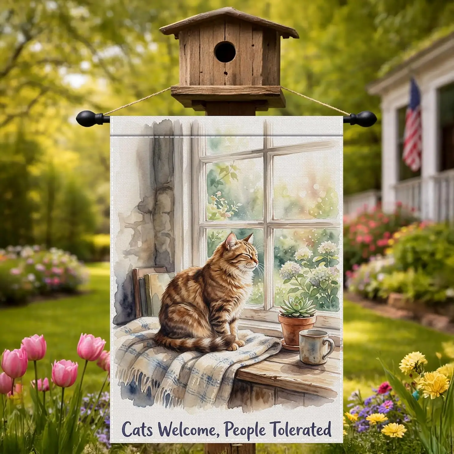 Funny Cat Garden Flag 12x18 Inch for Yard Porch Decor | Double sided polyester, humorous pet rustic farmhouse artwork, seaso xxl