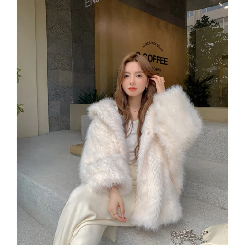 Cappotti di peluche per donna Moda Tinta unita Capispalla con cappuccio Cappotto di pelliccia allentato Fourrures Femmes Tenere al caldo Stile straniero Alla moda