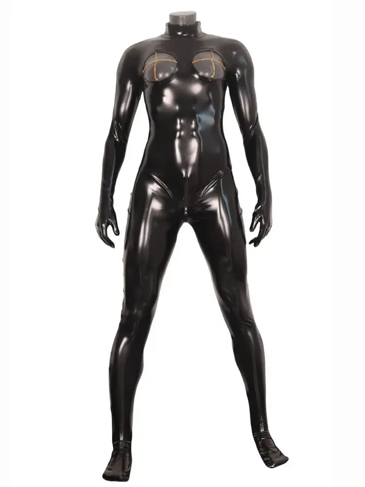 

S-5XL Hollow Out Bust Wet Look PVC Catsuit Separate Finger Bodystocking Zipper Open Crotch Bodysuit Tight Sexy Leotard Conjoined