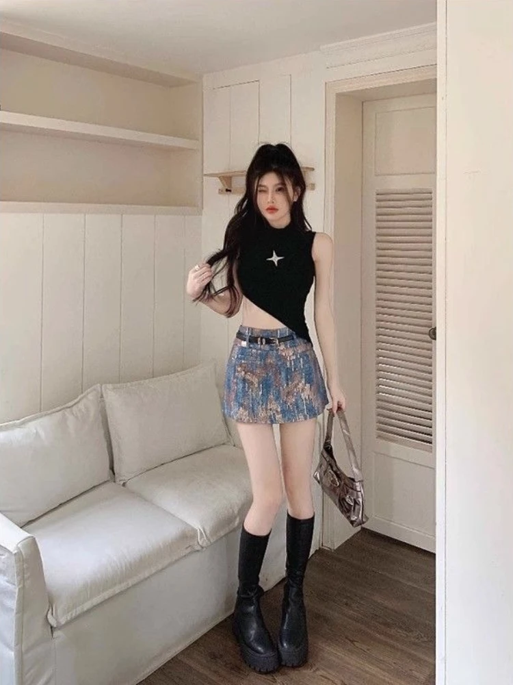 

Дизайнерская джинсовая юбка для миниатюрных женщин, летняя, с высокой талией, А-силуэт, мини, ретро, стрейч, облегающая.