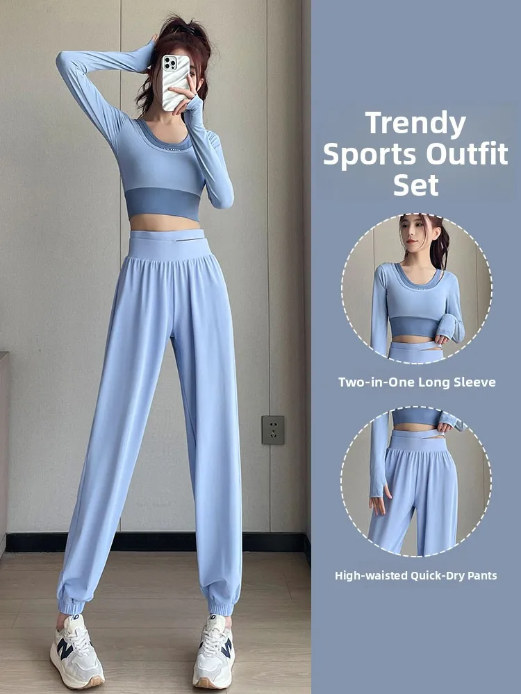 

Women's Running Sport Set Loose Fit Qui Dry Yoga Clothes Pilates Training Fitn Outfit High Waist Long Pants round Ne T...