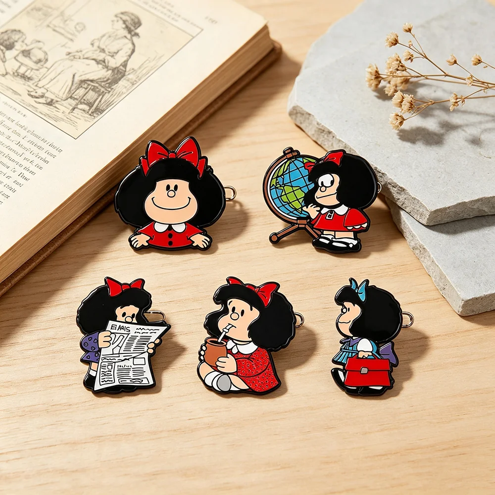 5pcs Vintage Comic Girl Enameled Brooch Set Lapel Pins Cute Drip Oil Decor for Clothing Backpacks