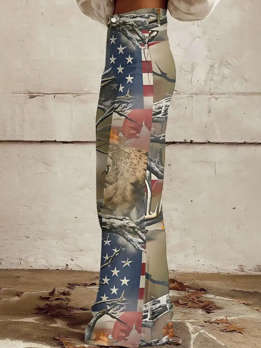 

Womens Plus Size American Flag Deer Camouflage Print Wide Leg Jeans