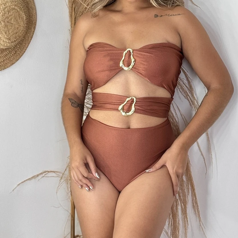 

Сексуальные металлические кольца с вырезами, женский купальник, цельный купальник, женский бандо с высоким вырезом, купальный костюм, купальный костюм