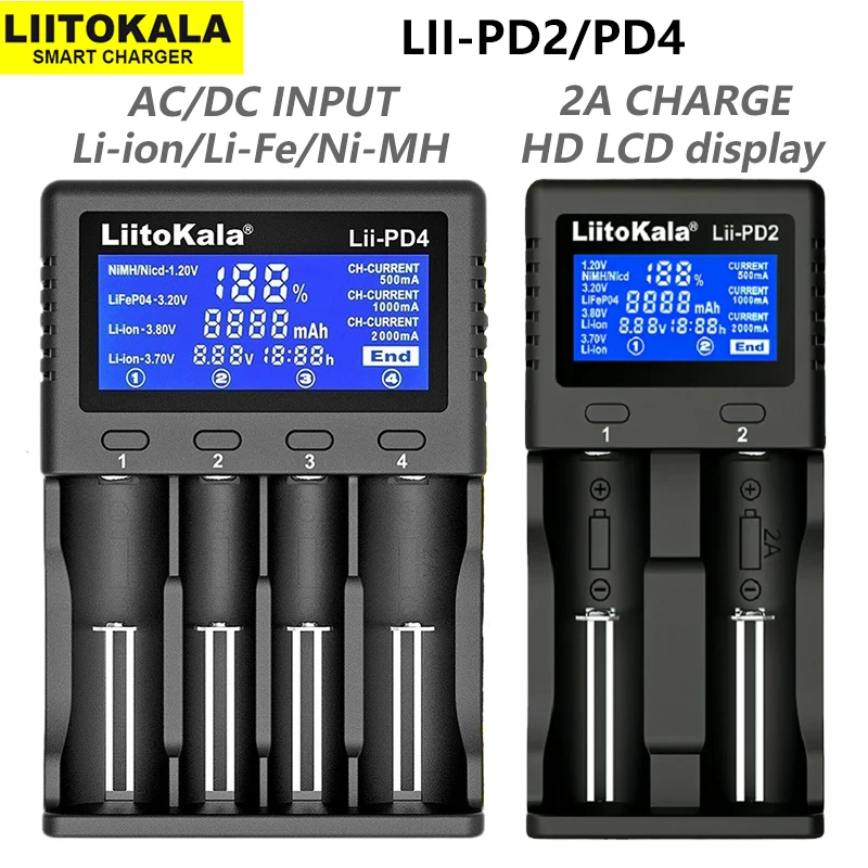 Ładowarka Liitokala Lii-PD2 Lii-PD4 18650, wielofunkcyjna ładowarka 3,7 V 26650 18350 16340 18500 14500 1,2 V NI-MH AA AAA LCD