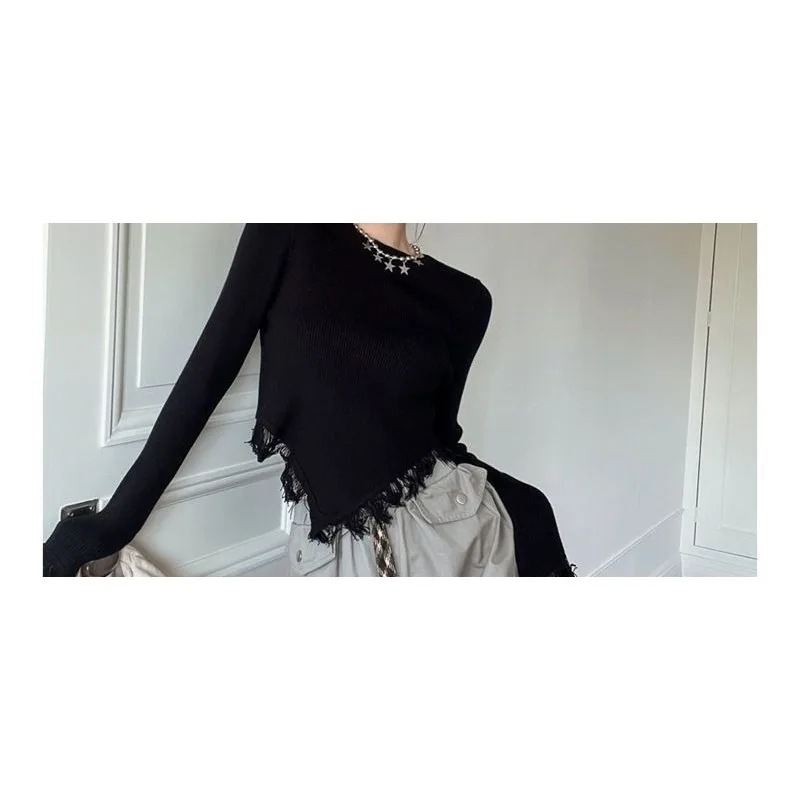 Autumn and Winter Design Sense Crew Neck Fringed Irregular Long-sleeved T-shirt Women's Slim Short Top