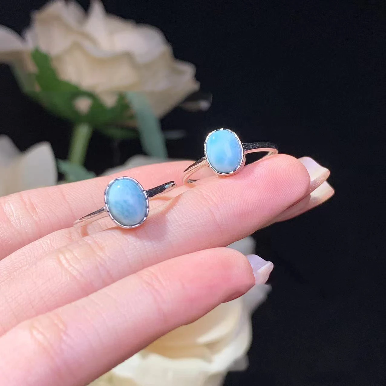 HUAYI Designs Luxury flower Natural oval Larimar ring Adjustable 925 Sterling silver rhodium