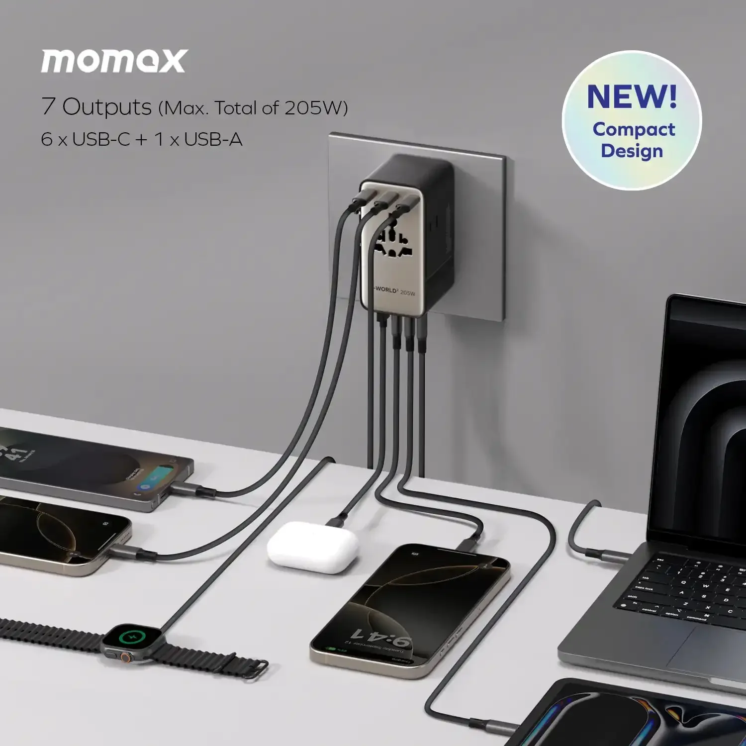 MOMAX 1-World 205W 7-Port Dual AC Travel Adapter GaN Charger International Travel Plug for Global Travelers Laptops Tablets