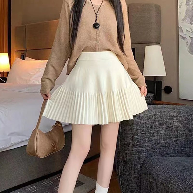 Autumn Pleated Women Mini Skirts Korean Sweet Knitted Slim Female Skirts New Preppy Style Elastic Waist Ladies Casual Skirt