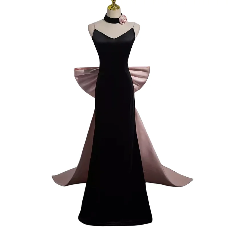 Customized Luxury Black Pink Evening Dress V Neck Bow Train Floor Length Women Wedding Party Gown Prom Occasion Dresses Pageant