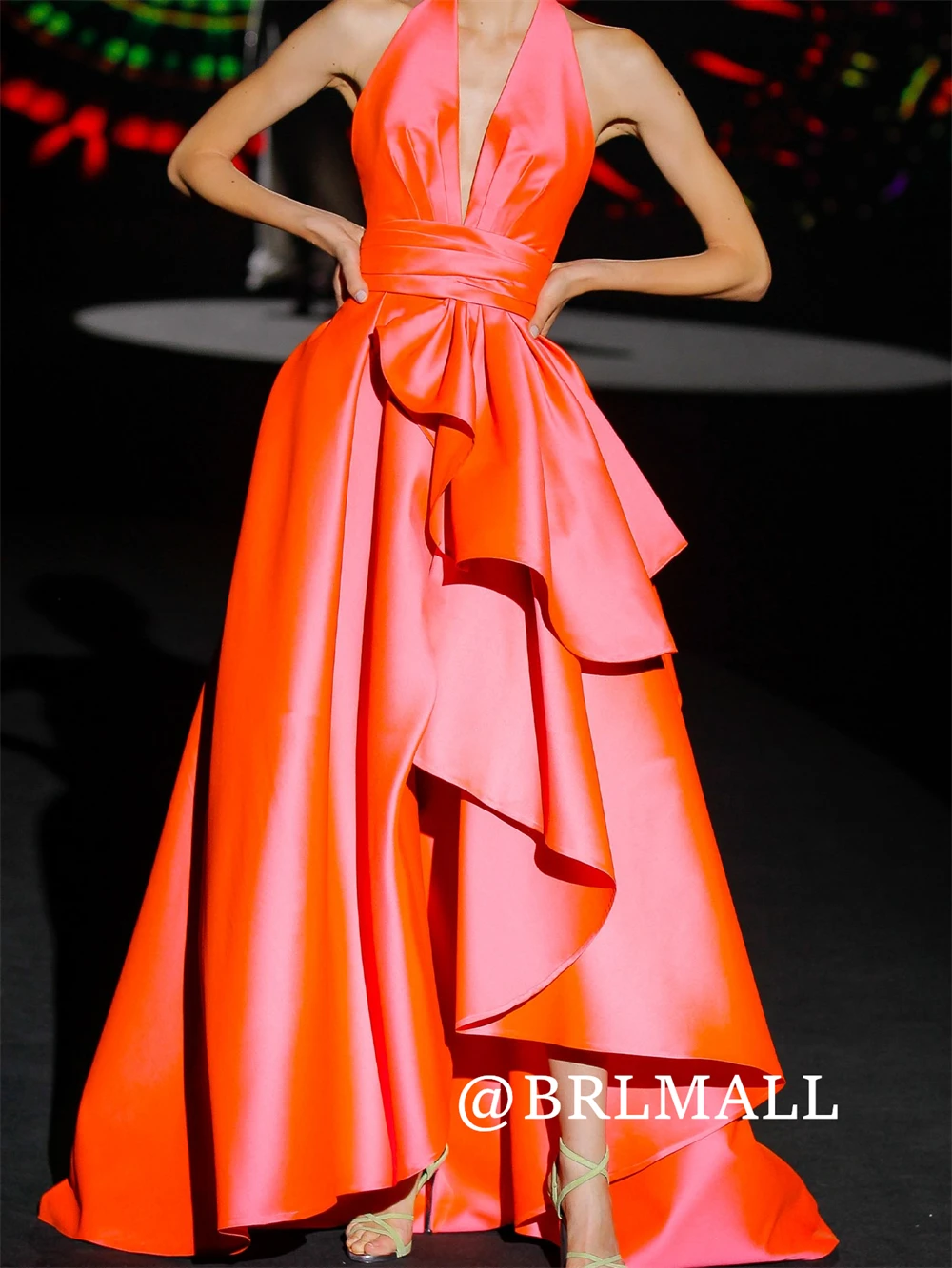 

BRLMALL Taffeta Sexy Long Prom Dresses Halter Neck Plunging Formal Evening Dress Tiered Backless Party Gowns Customized Cocktail