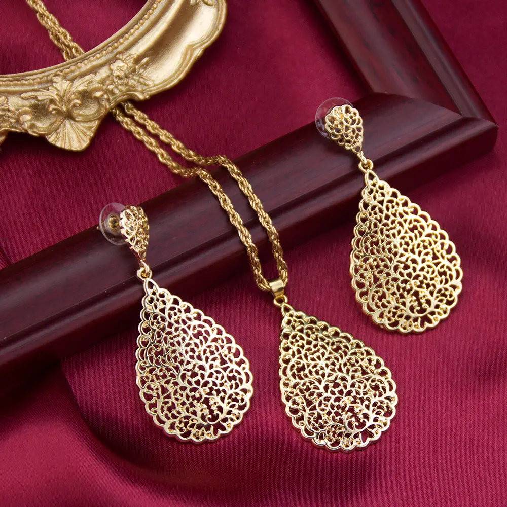 Sunspicems Gold Color Arabian Women Jewelry Set Hollow Teardrop Earrings Pendant Necklace Moroccan Bridal Bijoux Beach Jewel