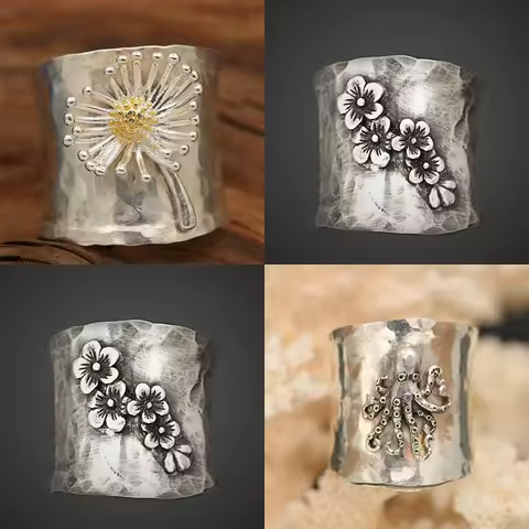 Ethnic Style 925 Thai Silver Fresh Daisy Flower rings for women Wide Charms Hip-Hop Octopus Ring Banquet Party Jewelry Gift