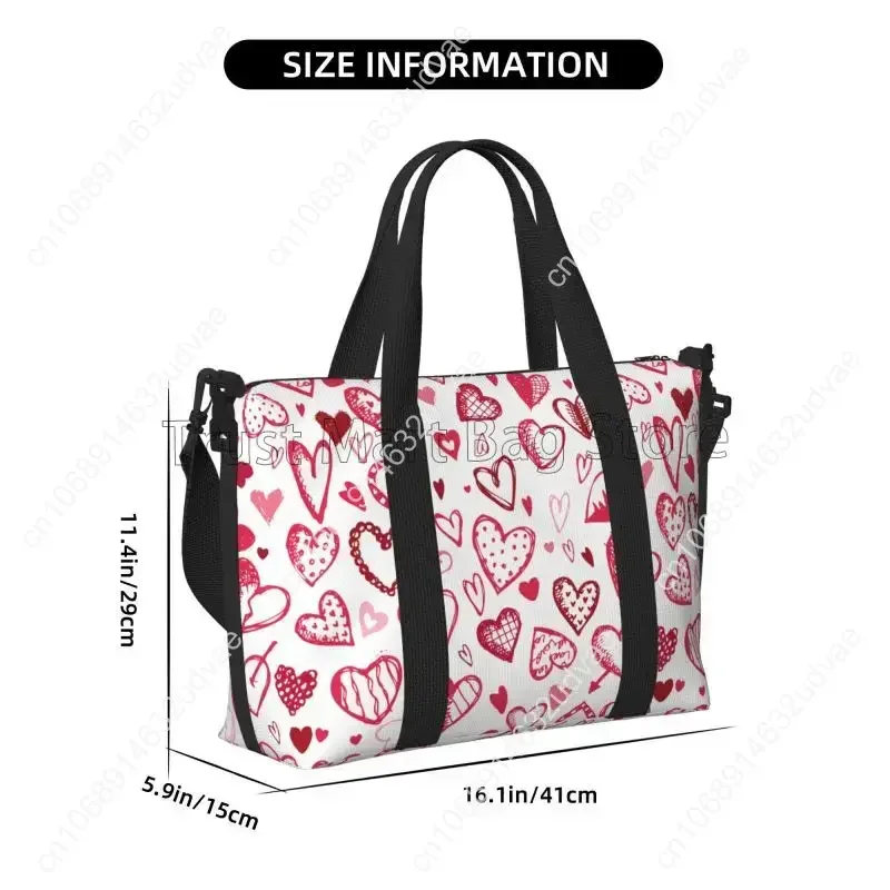 Red Love Hearts Pattern Travel Duffel Bag for Women Workout Weekender Overnight Bags Large Capacity Waterproof Luggage Handbag