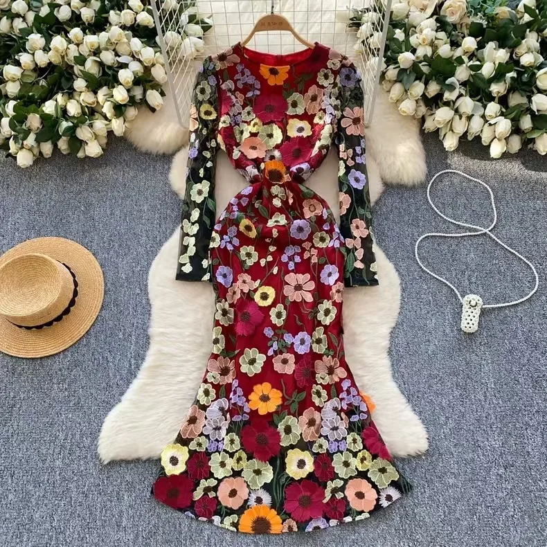 3XL 4XL Elegant 3D Flower Embroidery Long Maxi Dresses Women 2025 Summer Holiday Fishtail Evening Party Vestidos Pencil Robe