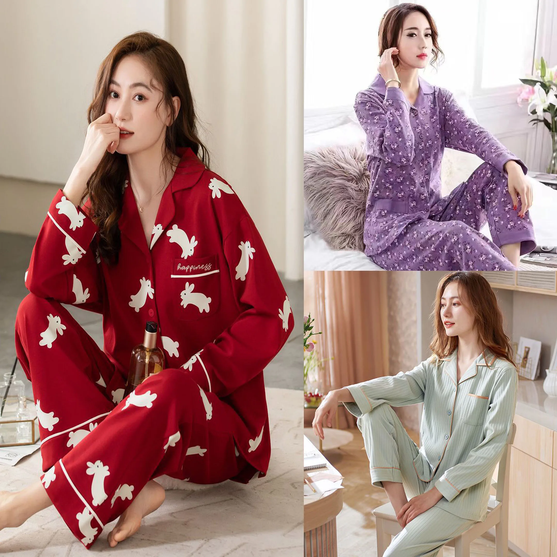 

Spring/Autumn New Arrival: Cute Loose-Fit Long-Sleeve Pajama Set for Women - Homewear Set for Middle-Aged and Elderly Ladies
