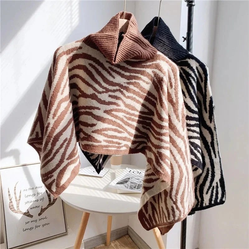 

Irregular Shawl Women Round Neck Knitted Sweater Plaid Cape Femme Autumn Winter Korean Fashion Turtleneck Short Pullover