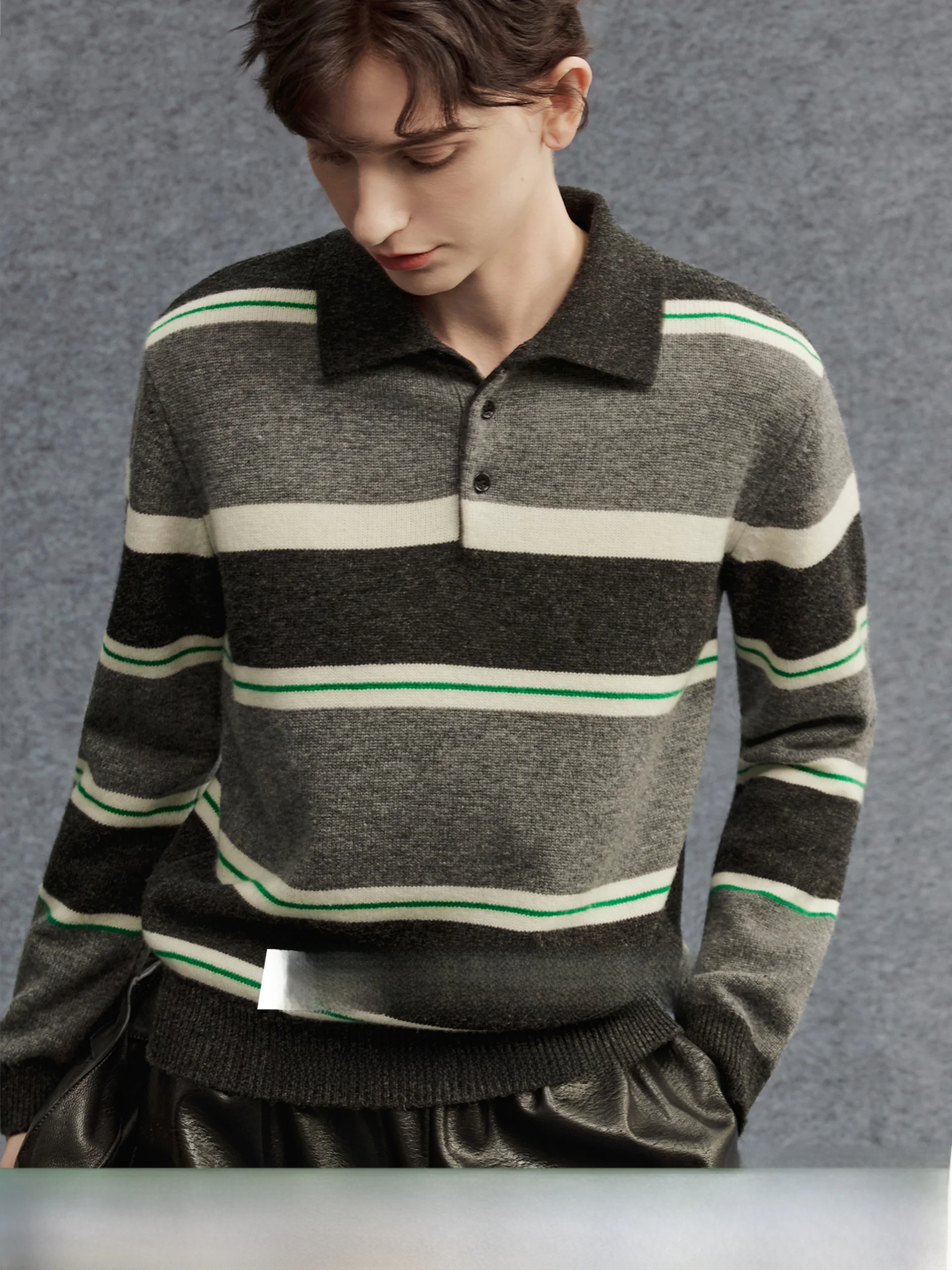 

Miiine Double Wool Stripe Shirt Turn-down Collar Invisible Button Elastic Ribbing Cuffed Knitted Wear Casual Loose Fit