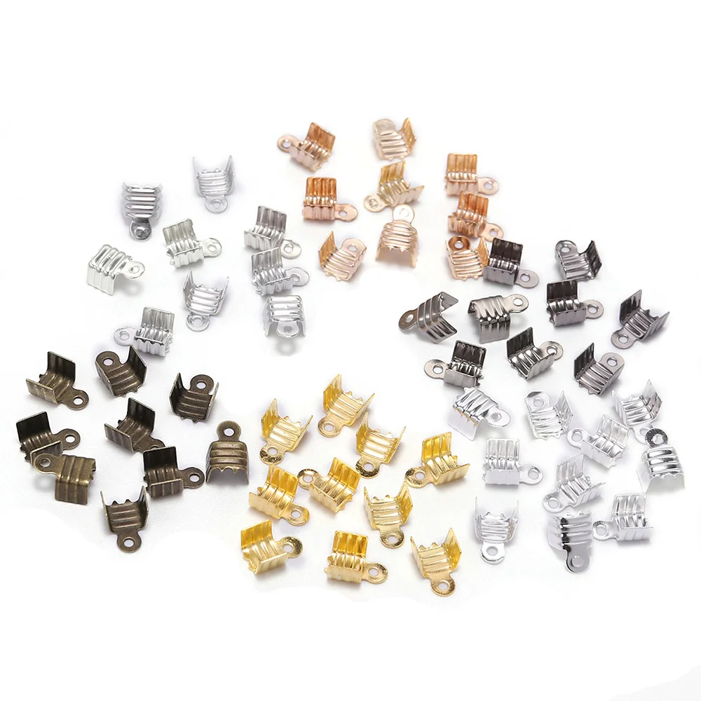 200pcs 3 4 5 8mm Gold Small Cord End Tip Fold Over Clasp Crimp Bead Connector DIY Jewelry Making Supplies For Cord Buckle