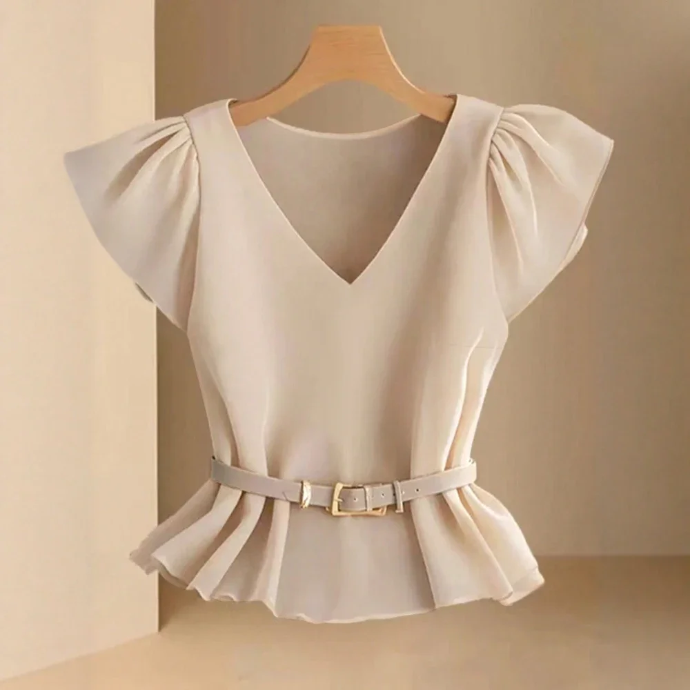 

CPSYMYM Blouses Summer French Fashion Plain Flounce K-Style Sleeveless V-Neck Sweet Dating Blouses For Women
