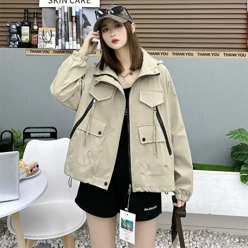 

2026 Spring Autumn Casual Tooling Jacket Women Hooded New Harajuku Style Student Outwear Tops Women's Windbreaker Fashion