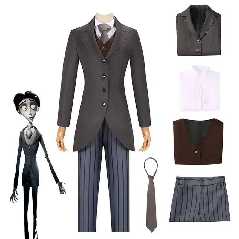 Movie Tim Burton Corpse Bride Costume Victor Van Dort Cosplay Men Ghost Uniform Suit Coat Shirt Vest Pants Tie Halloween Clothes