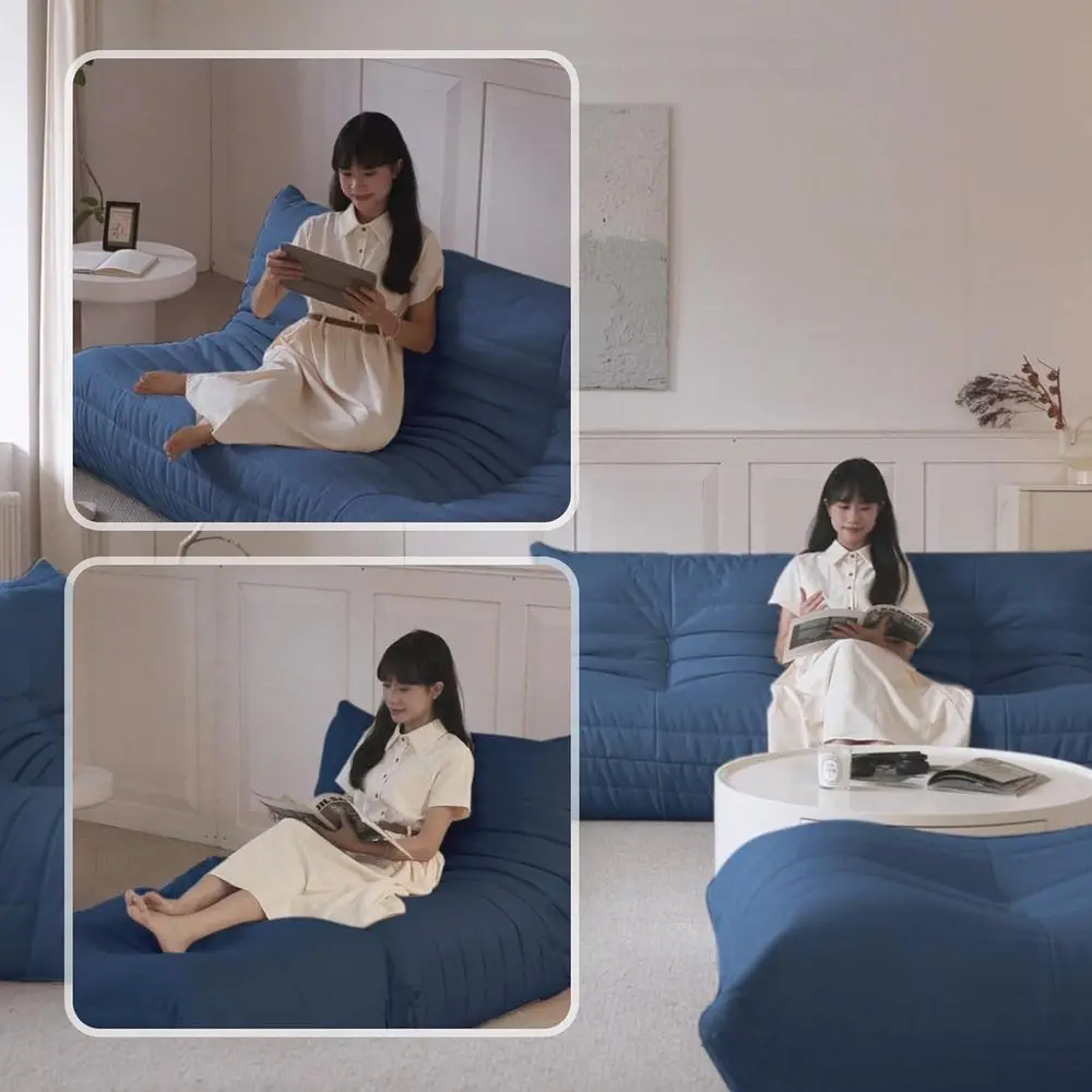 كرسي أريكة أزرق أنيق للاسترخاء، استخدام متعدد الغرف، كرسي مريح بنمط حصير #4