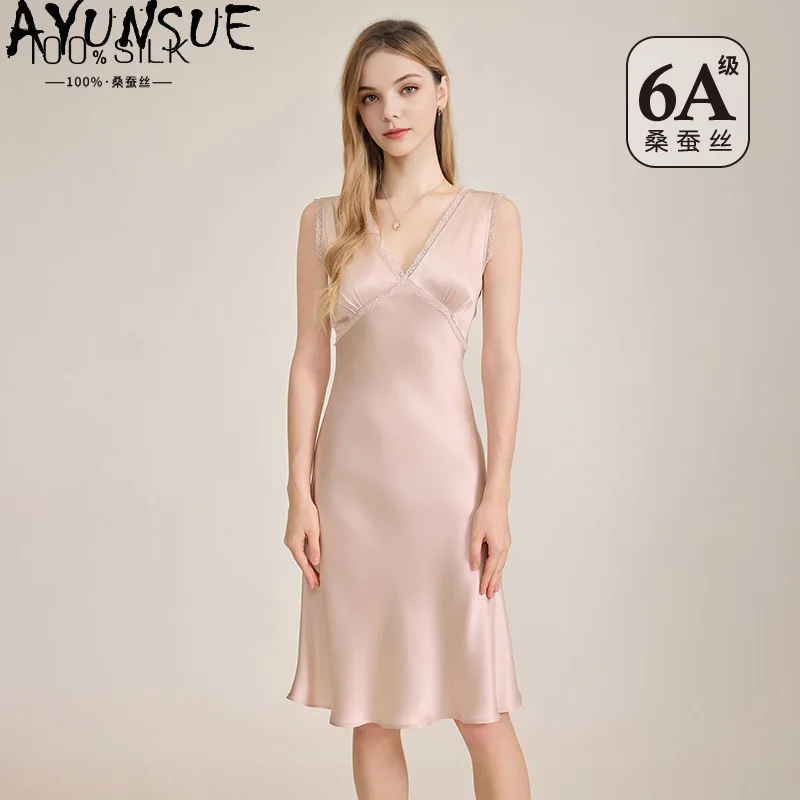 

AYUNSUE 100% Silk Night Dresses for Woman French Sleeveless V-neck Night Dress Summer Nightgown Pajamas for Women Пижама Женская