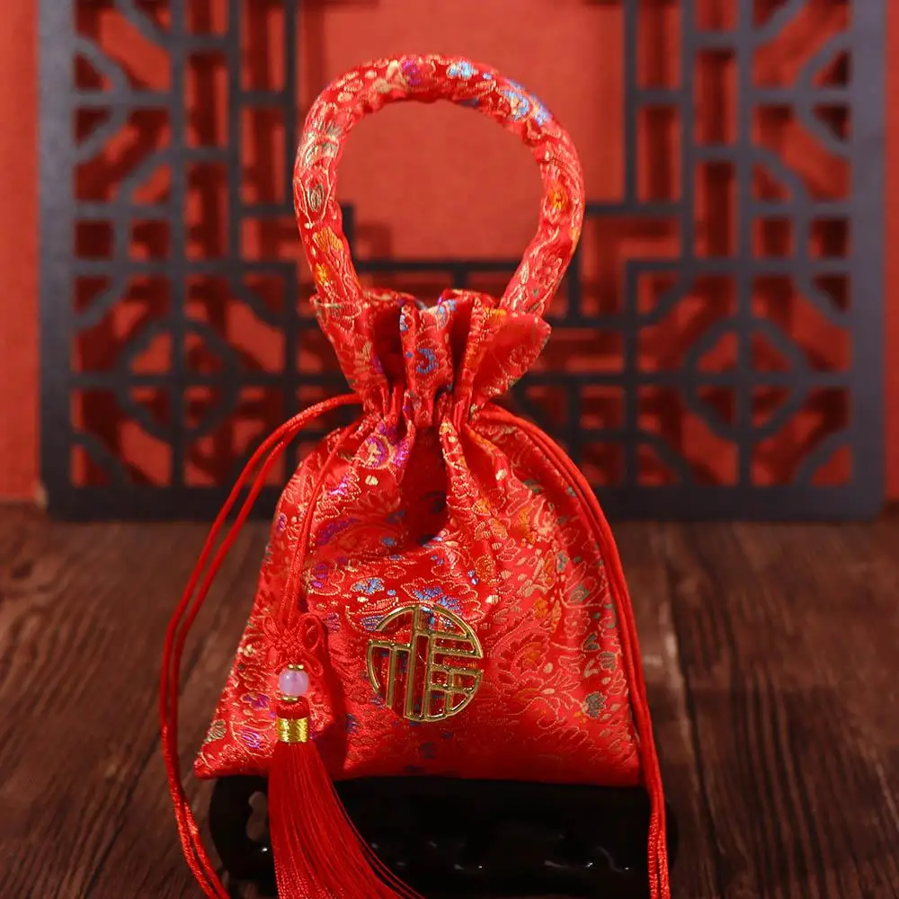 Bolso rojo creativo con borlas para novia y novio, bolsa con asa de boda, paquete de regalo para recuerdo de boda, bolsa de dulces
