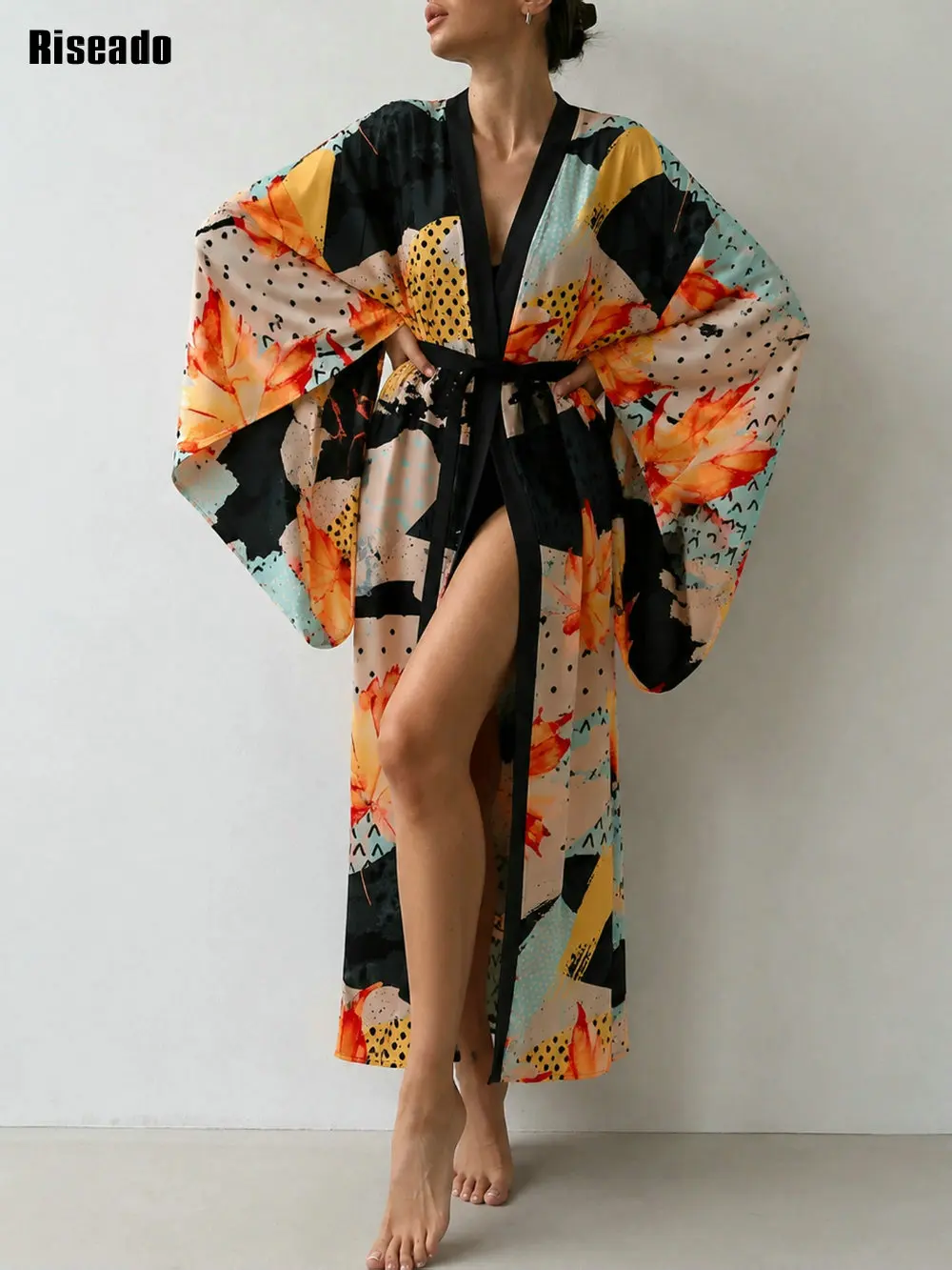 Women Bohemian Print Long Kimono Cardigan - SexyBathrobe,Beach Bikini Cover Up, Plus Size Holiday Pool Sunscreen Coverwear