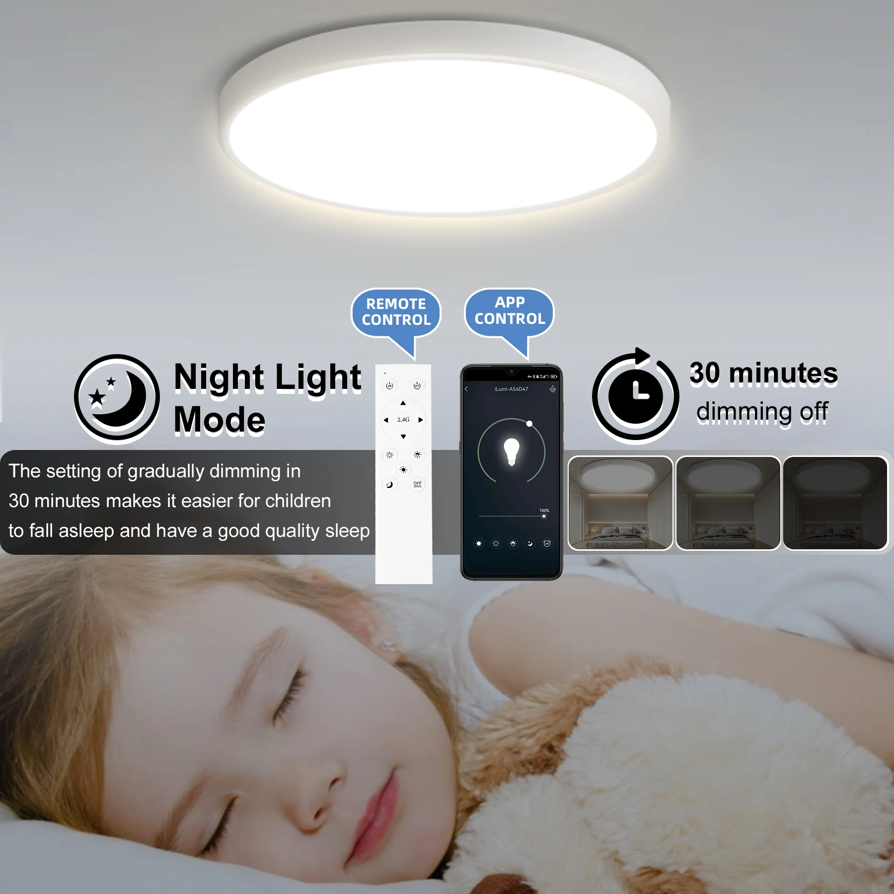 LED Ceiling Lamp 85-264V Three Proof Ceiling Light Fixture 24W Remote Control Tricolor Dimming Circular Lights for Room