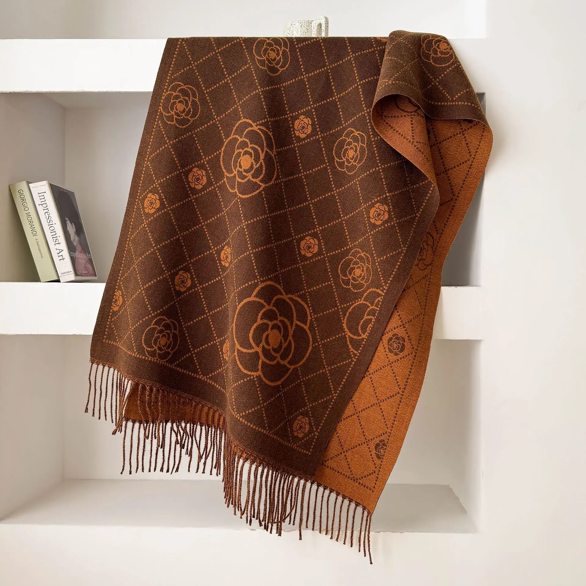 Double Sided Camellia Diamond Jacquard Women Shawl Faux Cashmere Warm Bufanda Chal Windproof Coat Outer Fall Winter Tassel Scarf