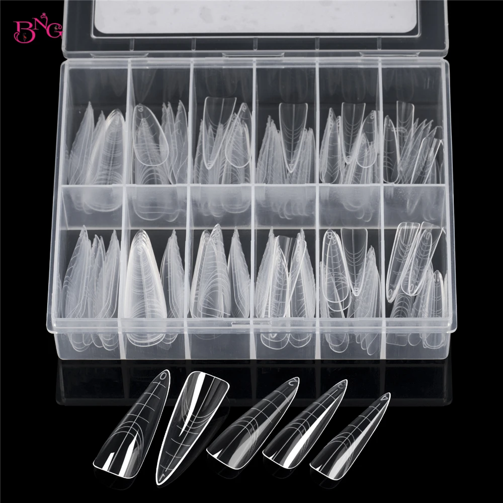 BNG 140 Uds. Kit de manicura de moldes de extensión de uñas con tapa de almendra ovalada, formas inteligentes de cobertura completa, formas duales reutilizables, 14 tamaños, 3 estilos