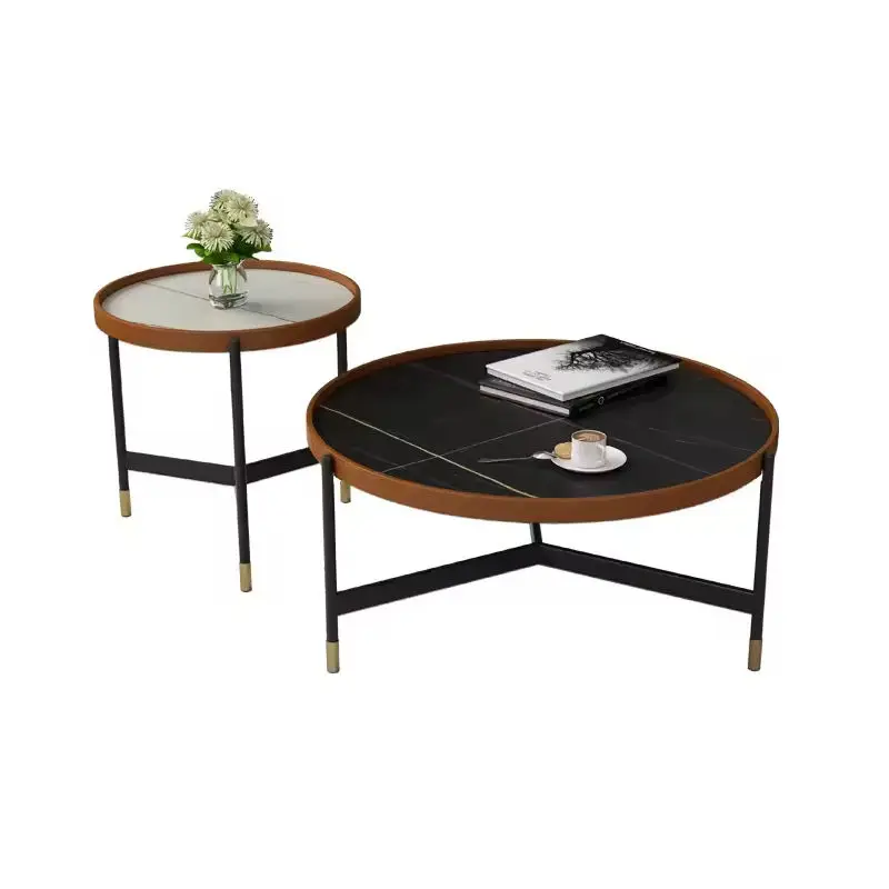 *Modern Chinese-style Round Coffee Table, Black Marble with Metal Legs, rust Chrome Finish, Luxury Nesting Set of 2.
