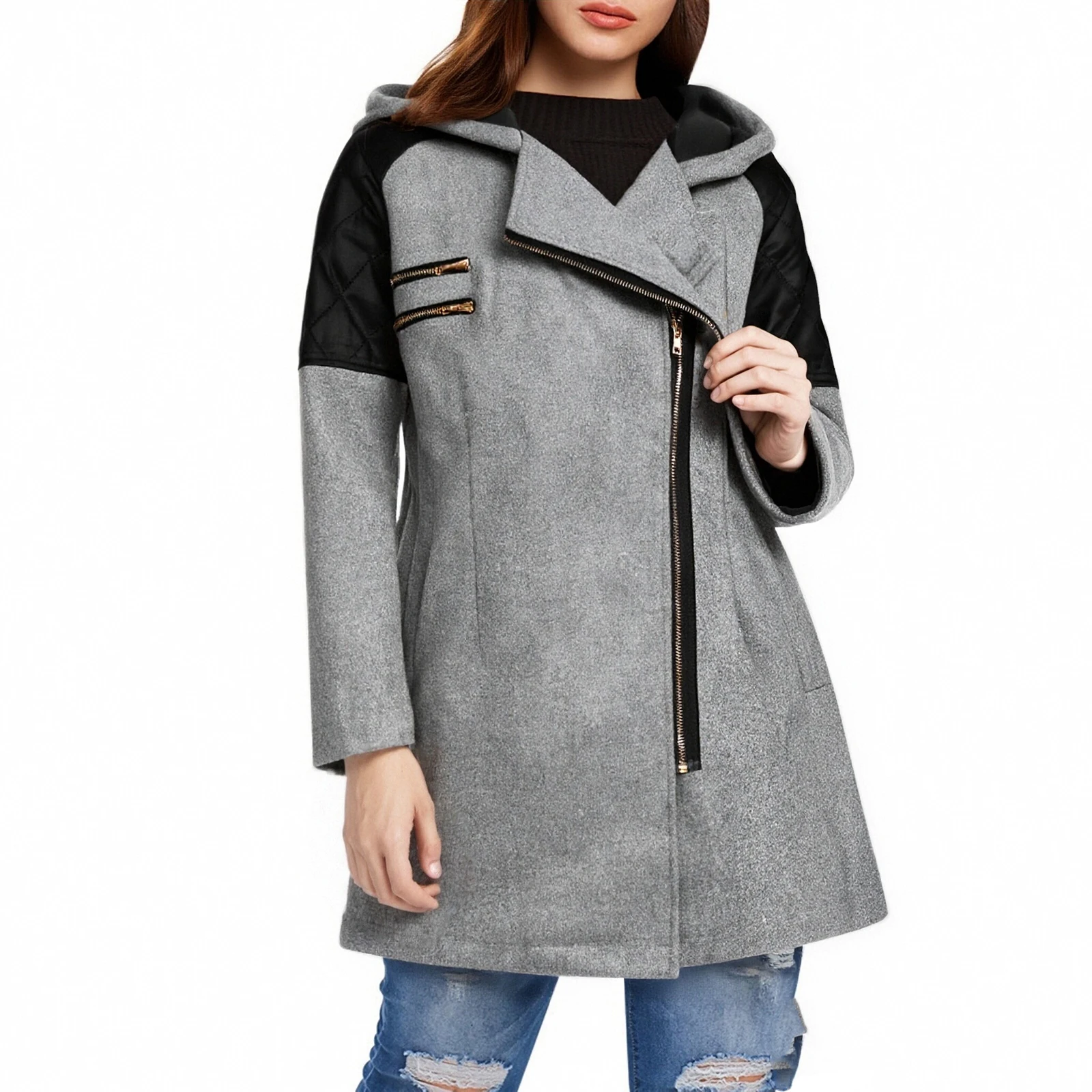 

Womens New Warm Outwear Simple Solid Patchwork Hoodie Coat with Pockets Vintage Casual Fashion Zipper Wool & Blends Coats