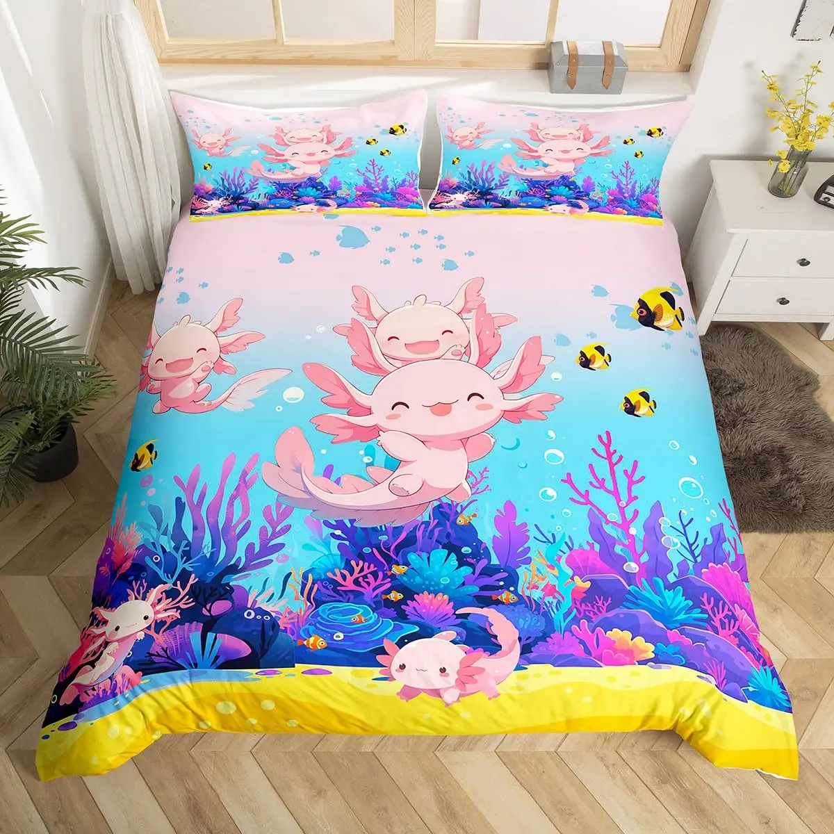 Cartoon Axolotl Duvet Cover Queen Twin Size Salamander Bedding Set for Kids Boys Girls Kawaii Sealife Creature Comforter Cover