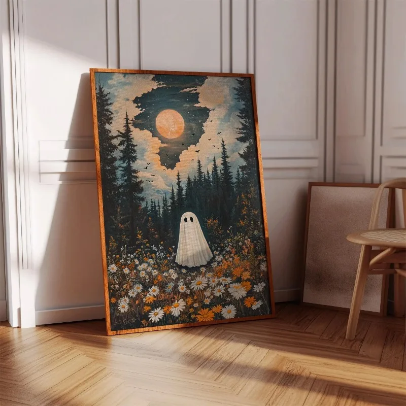Ghost in Wildflower Forest Under Full Moon Wall Art Print Vintage Night Sky Floral Halloween Nature Home Decor Unframed Canvas