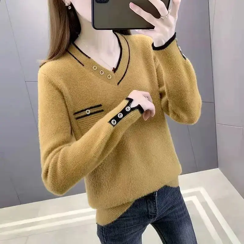 2023 Autumn Winter Women\'s Korean Fashion Plush Thick Chic Knitted Sweater Casual V Neck Long Sleeve Loose Pullover Tops Jumpers