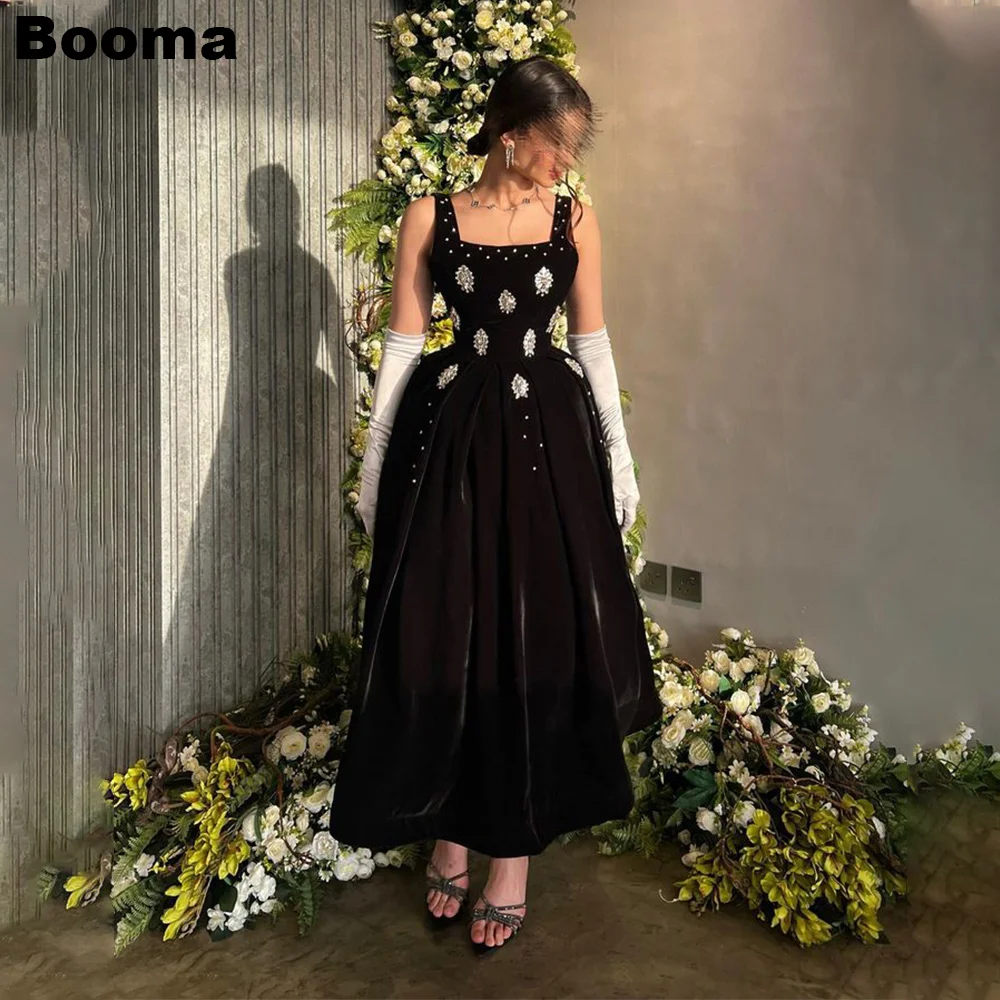 

Booma Black Velvet Midi Prom Dresses Strapless Crystals Velour Formal Party Dresses Ankle Length A-Line Evening Gowns for Women