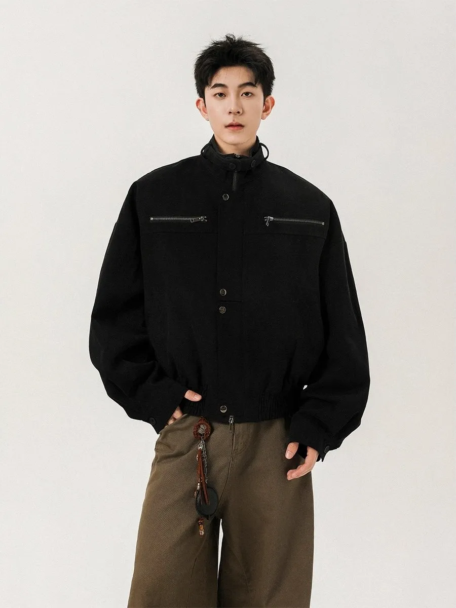

Loose Fit Vintage Workwear Jaet Men's Spring Autumn Stand Collar Outerwear Sli Youth Polyester Zipper Sve kets