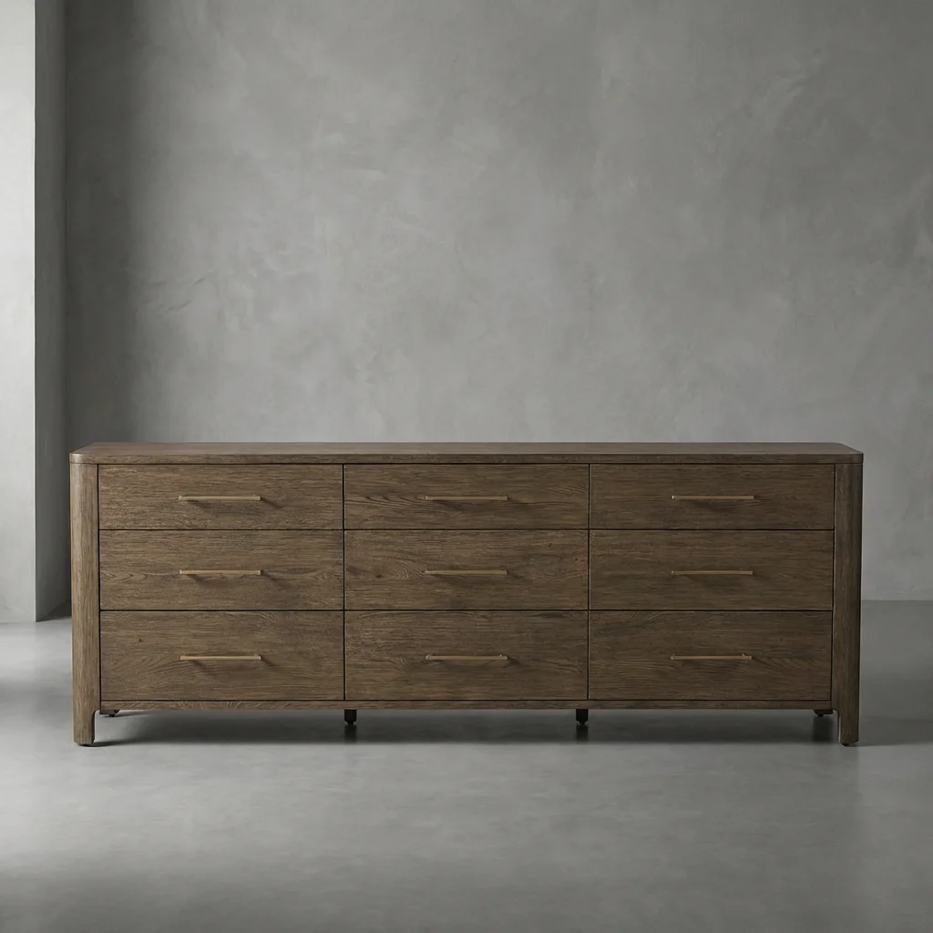 Luxury Nine-Drawer Dresser Solid Oak Wood Dresser Desk Long Dressers Length Wise for Home Bedroom Living Dining Bathroom Use