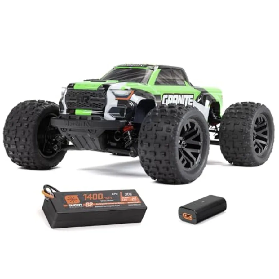 RC Truck 1/18 Granite GROM MEGA 380 Brushed 4X4 Monster Truck RTR for outdoor off-road use, ABS plastic body, black-gray color,