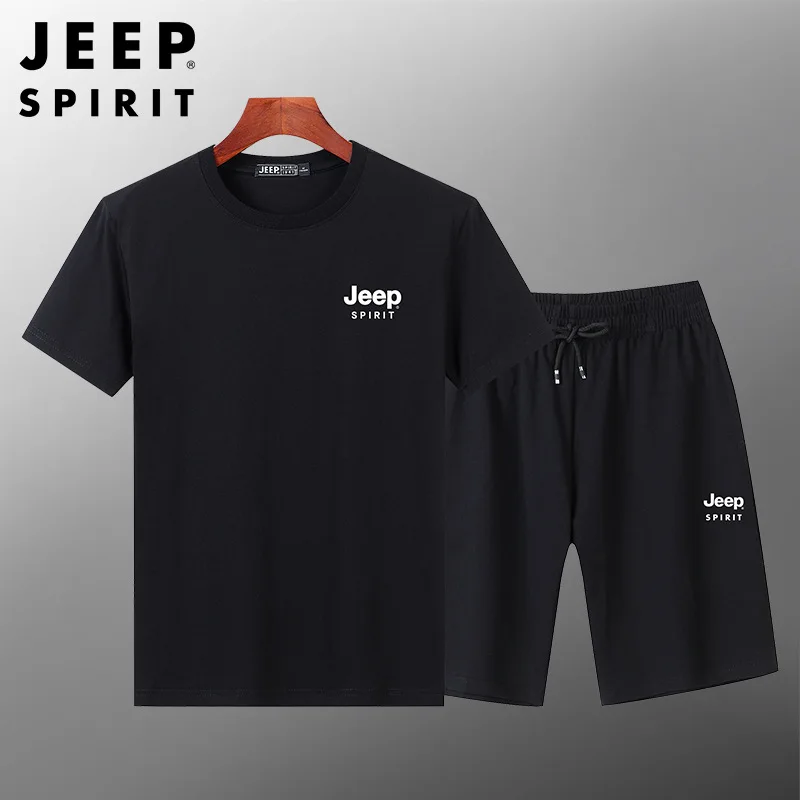 Jeep spirit verão 100% algodão ao ar livre lazer esportes terno masculino respirável camiseta + calções de moda alta qualidade conjunto de duas peças