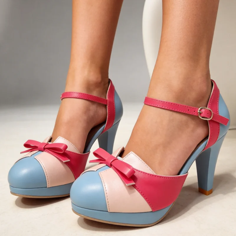 

Sweet Sandals Female Dress Shoes Round Toe High Heels Pumps Ankle Strap Bowknot Mixed Color Plus Size 43 Dating Shoes Girls